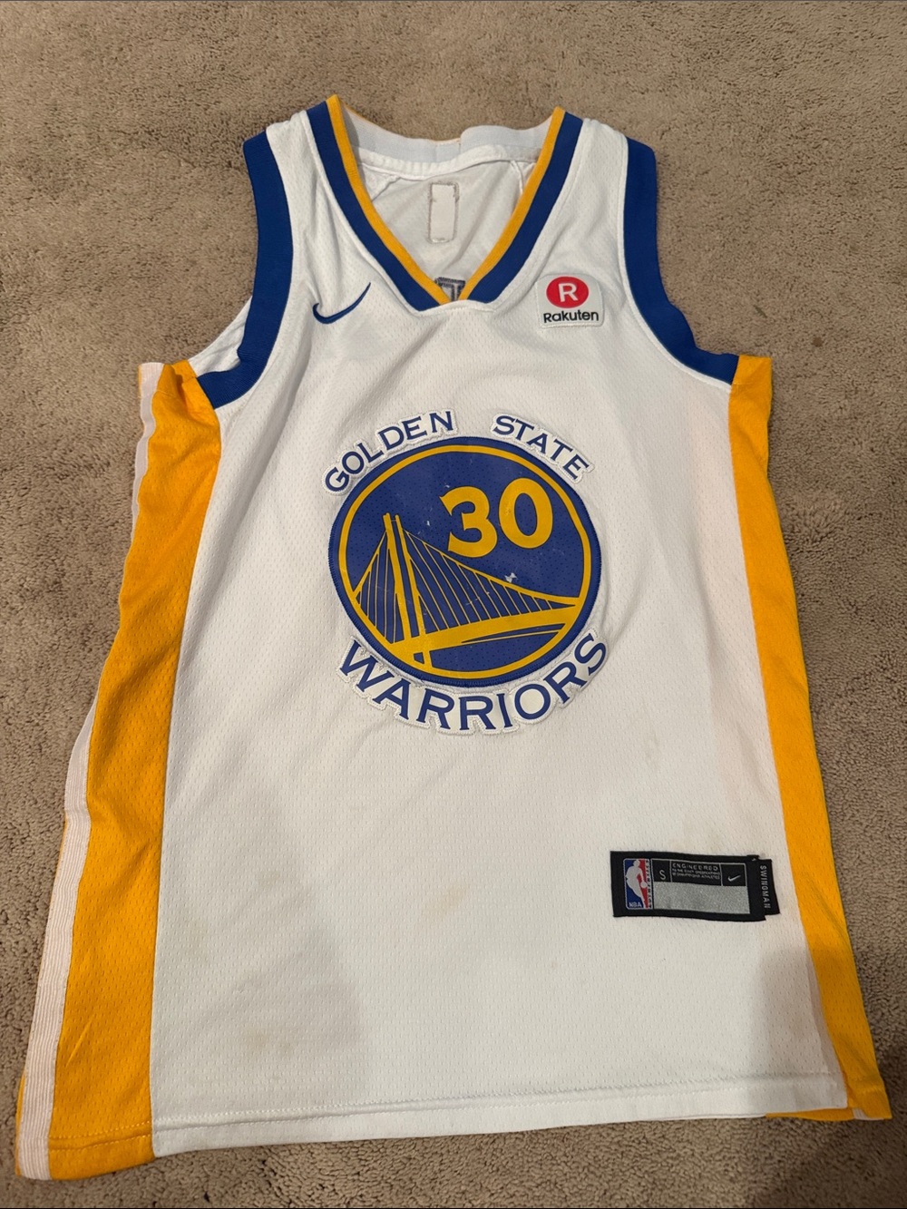 Youth White, Blue & Gold Golden State Warriors #30 Jersey, size small
